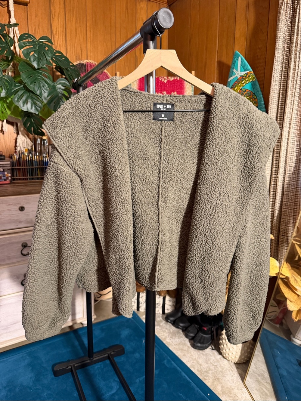 BDG Olive Green Sherpa Open-Front Cardigan